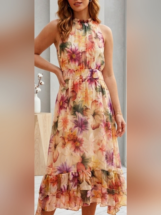 PhilHarmonie Dresses & Skirts - Stunning Floral Halter Midi Dress with Ruffle Hem
Sz. L
